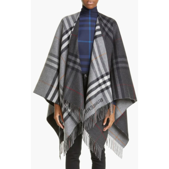 NEW BURBERRY CASHMERE PLAID CHECK PONCHO CAPE SHAWL GRAY NWT! - Picture 2 of 13